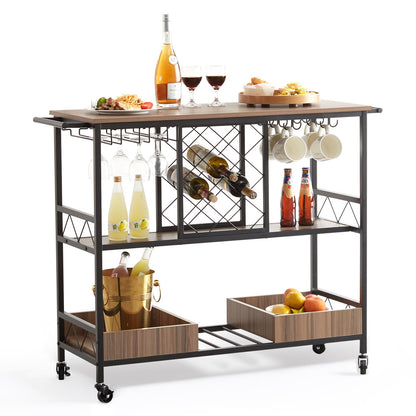 Bar Cart, Home Serving Cart, 3 Tiers 300 LBS Industrial Rolling Beverage Station on Lockable Wheels, Mobile Alcohol Drink Cart with Removable Tray Wine Rack Glass Holder for Kitchen Dining Room