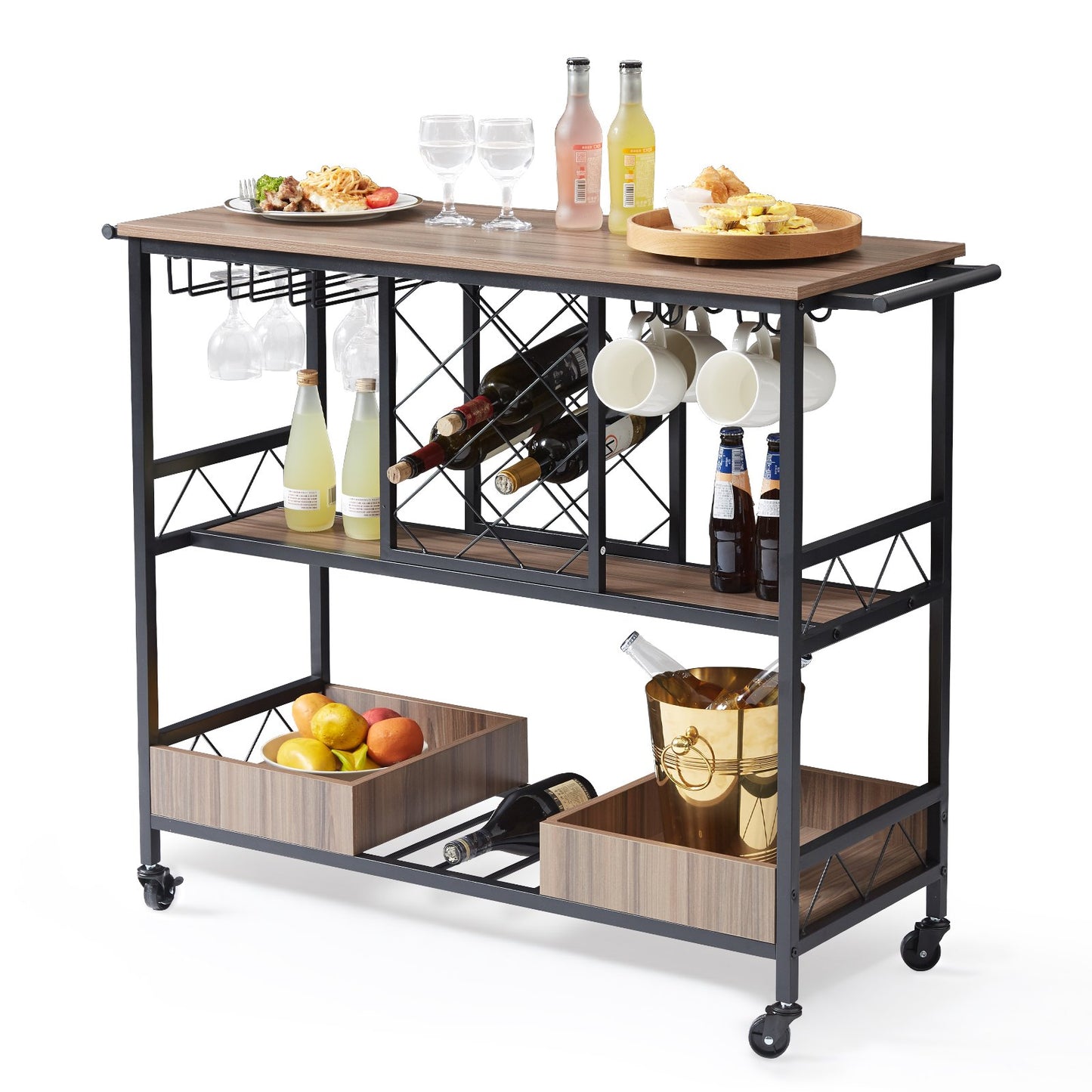 Bar Cart, Home Serving Cart, 3 Tiers 300 LBS Industrial Rolling Beverage Station on Lockable Wheels, Mobile Alcohol Drink Cart with Removable Tray Wine Rack Glass Holder for Kitchen Dining Room