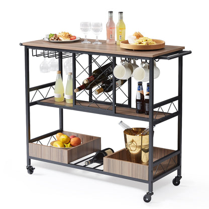 Bar Cart, Home Serving Cart, 3 Tiers 300 LBS Industrial Rolling Beverage Station on Lockable Wheels, Mobile Alcohol Drink Cart with Removable Tray Wine Rack Glass Holder for Kitchen Dining Room
