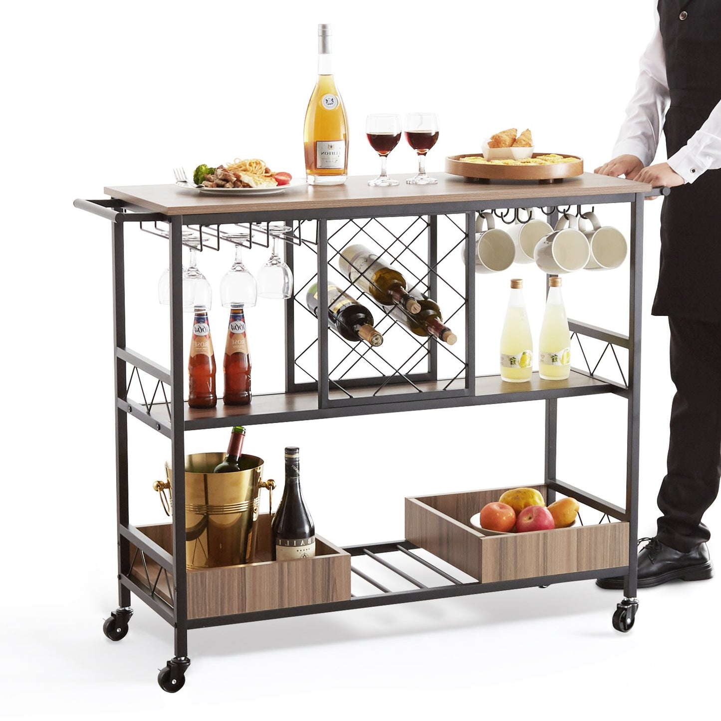 Bar Cart, Home Serving Cart, 3 Tiers 300 LBS Industrial Rolling Beverage Station on Lockable Wheels, Mobile Alcohol Drink Cart with Removable Tray Wine Rack Glass Holder for Kitchen Dining Room