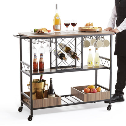 Bar Cart, Home Serving Cart, 3 Tiers 300 LBS Industrial Rolling Beverage Station on Lockable Wheels, Mobile Alcohol Drink Cart with Removable Tray Wine Rack Glass Holder for Kitchen Dining Room