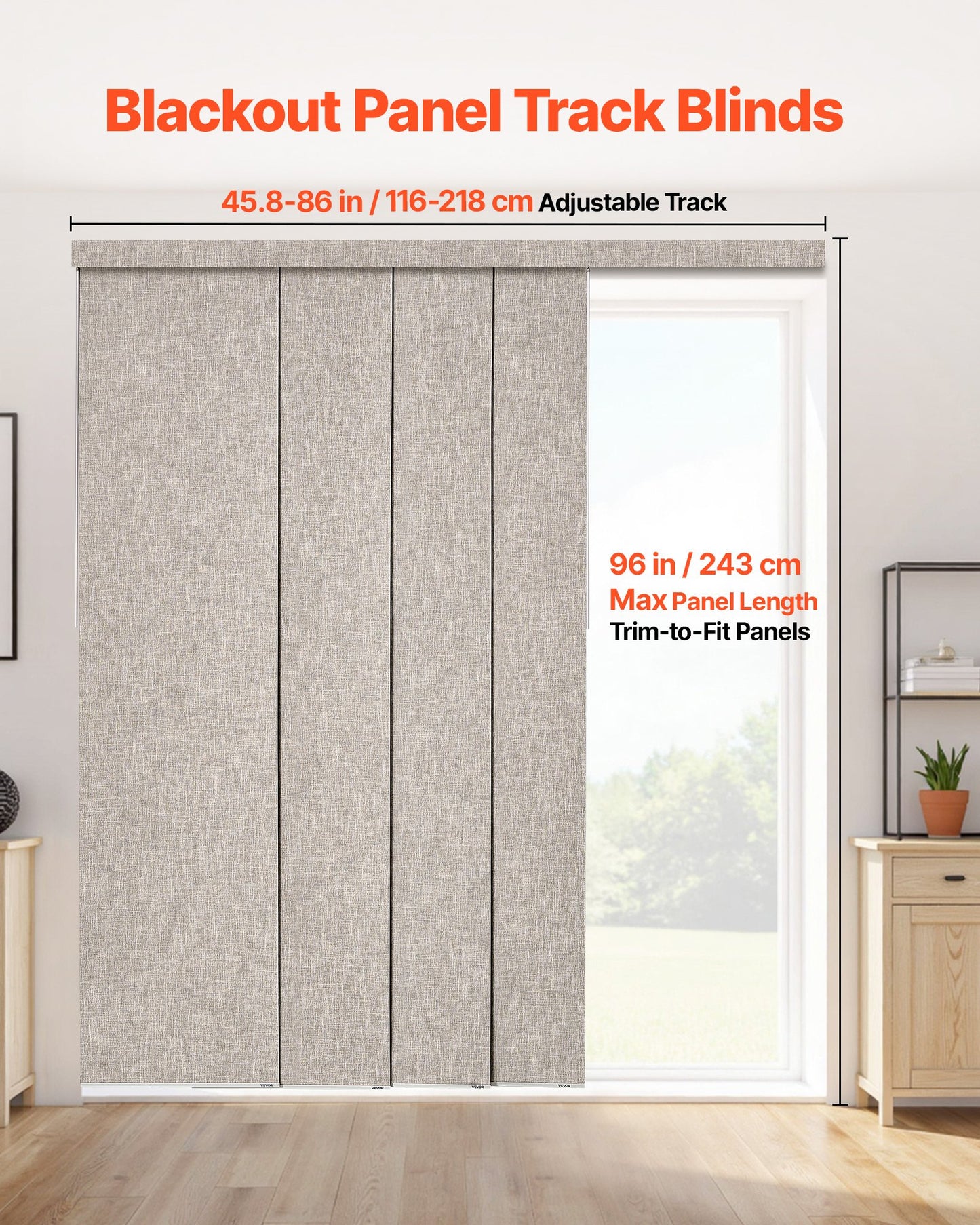 Panel Track Blinds, Extendable Track from 45.8 in to 86 in W, Trimmable Panel Curtains Up to 96 in H, Vertical Blackout Panel Blinds for Sliding Doors, Patio Doors, Room Divider, Windows, Brown
