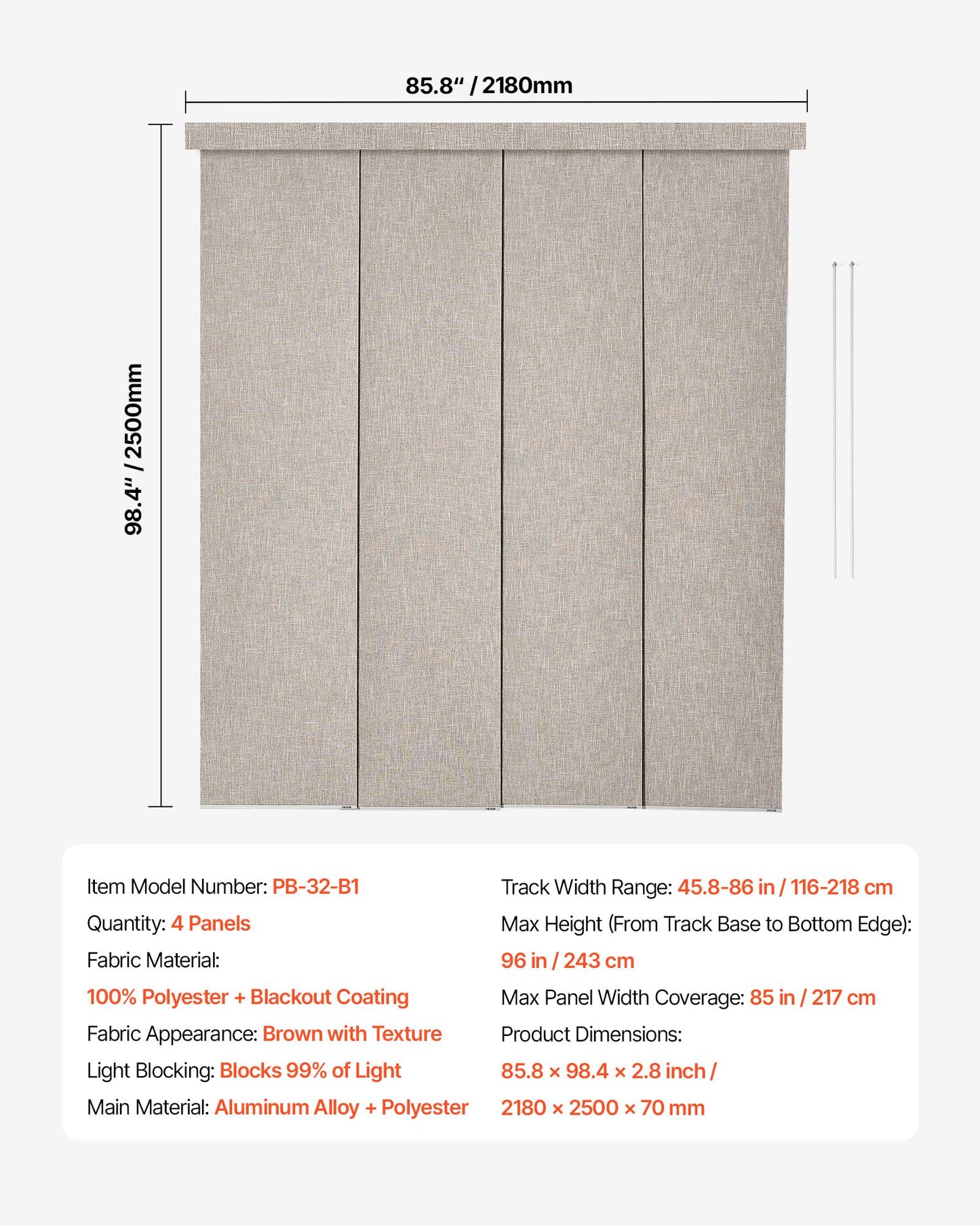 Panel Track Blinds, Extendable Track from 45.8 in to 86 in W, Trimmable Panel Curtains Up to 96 in H, Vertical Blackout Panel Blinds for Sliding Doors, Patio Doors, Room Divider, Windows, Brown