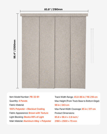 Panel Track Blinds, Extendable Track from 45.8 in to 86 in W, Trimmable Panel Curtains Up to 96 in H, Vertical Blackout Panel Blinds for Sliding Doors, Patio Doors, Room Divider, Windows, Brown