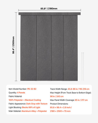 Panel Track Blinds, Extendable Track from 45.8 in to 86 in W, Trimmable Panel Curtains Up to 96 in H, Vertical Blackout Panel Blinds for Sliding Doors, Patio Doors, Room Divider, Dark Gray