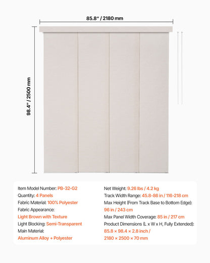 Panel Track Blinds, Extendable Track from 45.8 in to 86 in W, Trimmable Panel Curtains Up to 96 in H, Adjustable Vertical Panel Blinds for Sliding Doors, Patio Doors, Room Divider, Light Brown