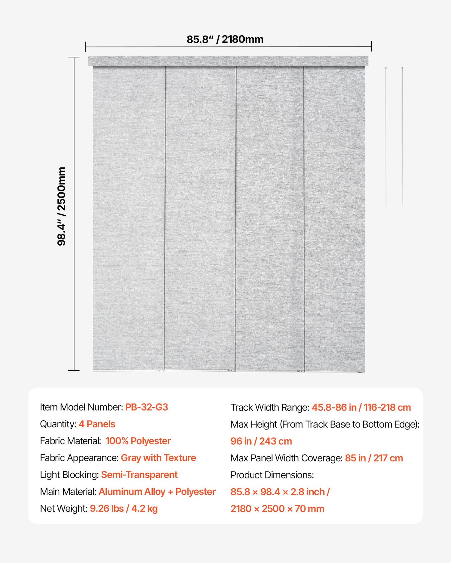 Panel Track Blinds, Extendable Track from 45.8 in to 86 in W, Trimmable Panel Curtains Up to 96 in H, Adjustable Vertical Panel Blinds for Sliding Doors, Patio Doors, Room Divider, Window, Gray