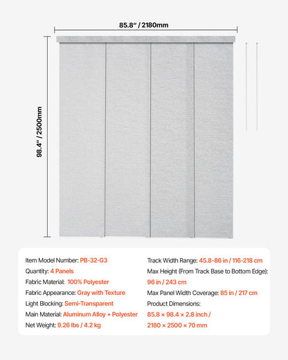 Panel Track Blinds, Extendable Track from 45.8 in to 86 in W, Trimmable Panel Curtains Up to 96 in H, Adjustable Vertical Panel Blinds for Sliding Doors, Patio Doors, Room Divider, Window, Gray