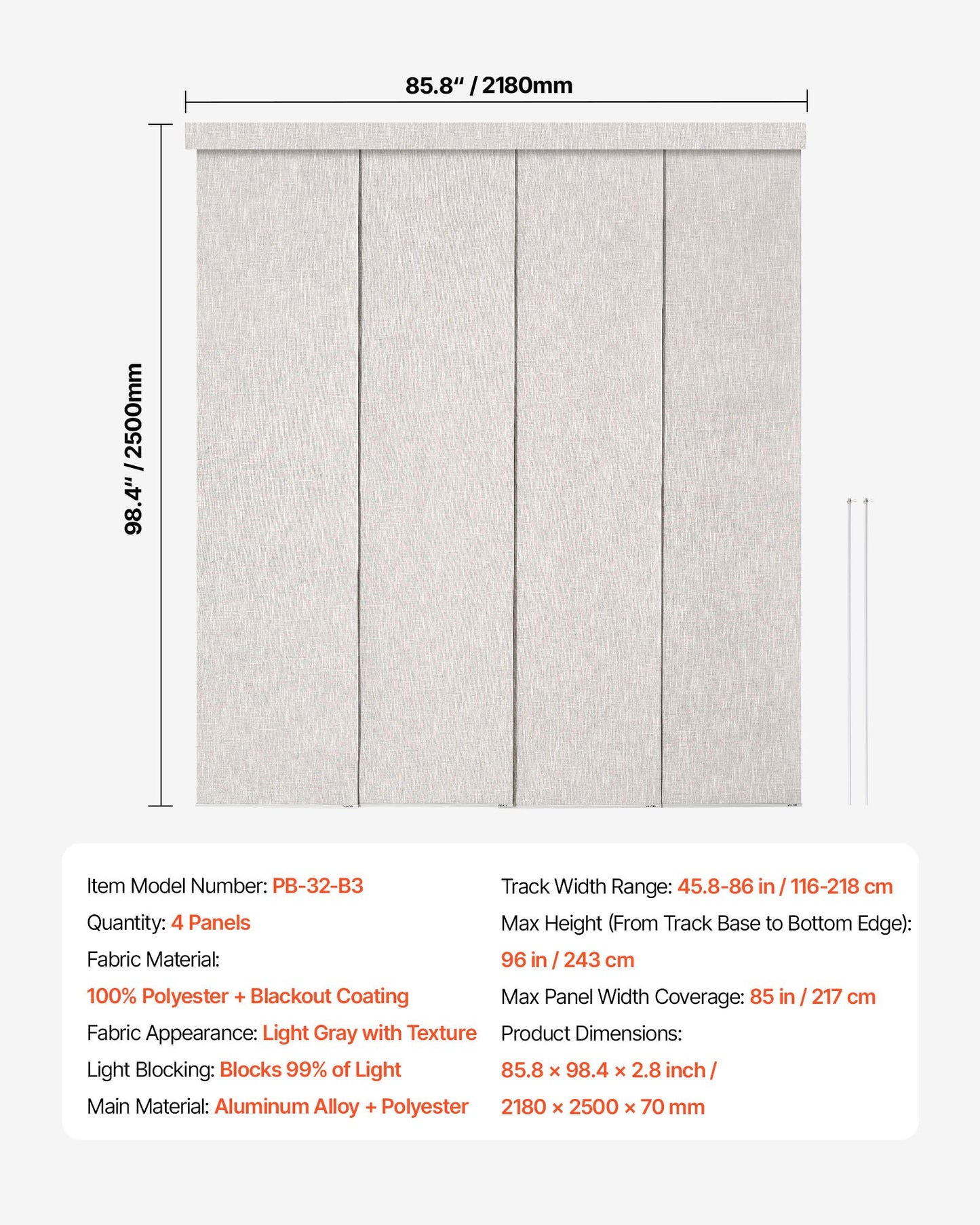 Panel Track Blinds, Extendable Track from 45.8 in to 86 in W, Trimmable Panel Curtains Up to 96 in H, Vertical Blackout Panel Blinds for Sliding Doors, Patio Doors, Room Divider, Light Gray