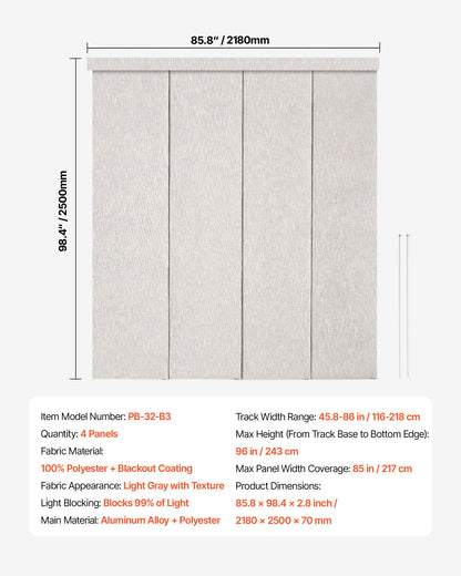 Panel Track Blinds, Extendable Track from 45.8 in to 86 in W, Trimmable Panel Curtains Up to 96 in H, Vertical Blackout Panel Blinds for Sliding Doors, Patio Doors, Room Divider, Light Gray