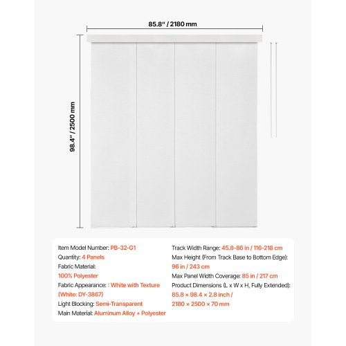 Panelskena Persienner Utdragbara Skenor 116 cm till 218 cm B Kan Kantklippas Vit