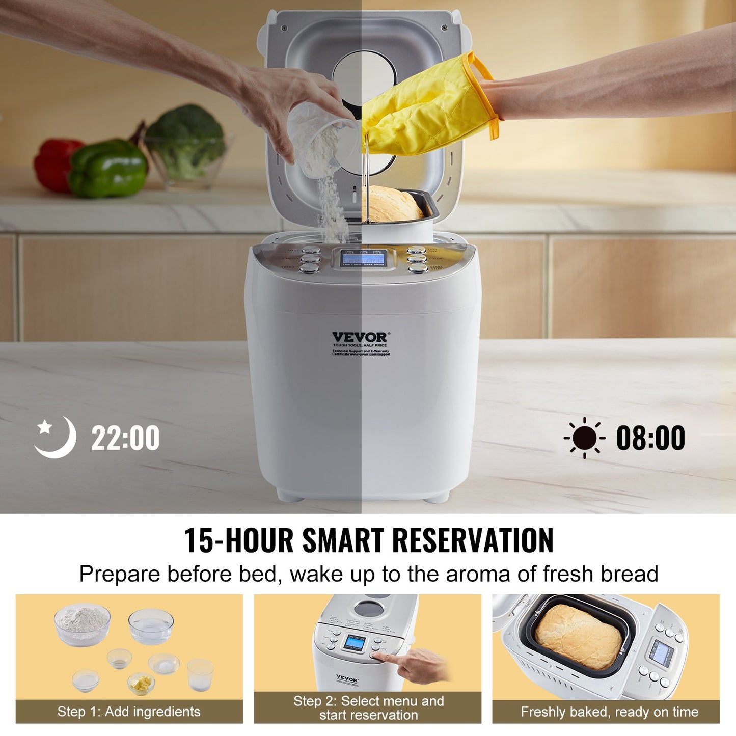 Bread Maker, 15-in-1 3LB Dough Machine, Nonstick Ceramic Pan Automatic Breadmaker with Gluten Free Setting, Whole Wheat Bread Making, Digital, Programmable, 3 Loaf Sizes, 3 Crust Colors, White