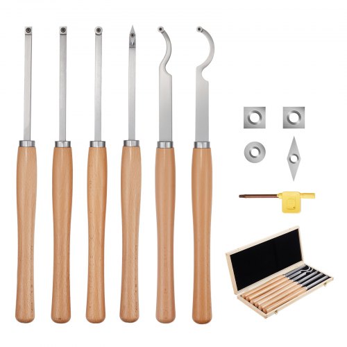Wood Lathe Turning Tool Set, 6PCS, Lathe Roughing, Finishing, Detailing Hollow Tool with Wooden Handle, Diamond Round Square Carbide Inserts, Wooden Box, for Beginners, Hobbyists, Professionals
