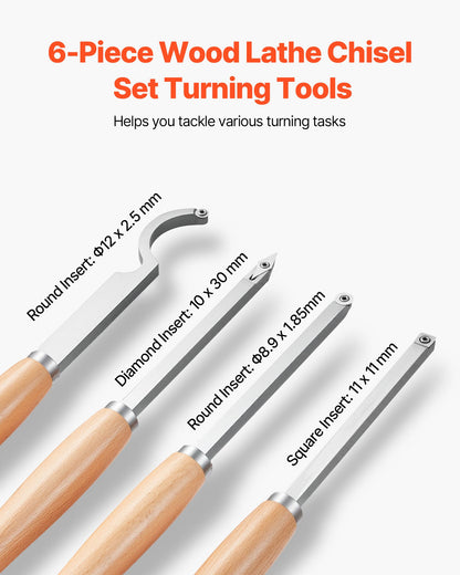 Wood Lathe Turning Tool Set, 6PCS, Lathe Roughing, Finishing, Detailing Hollow Tool with Wooden Handle, Diamond Round Square Carbide Inserts, Wooden Box, for Beginners, Hobbyists, Professionals