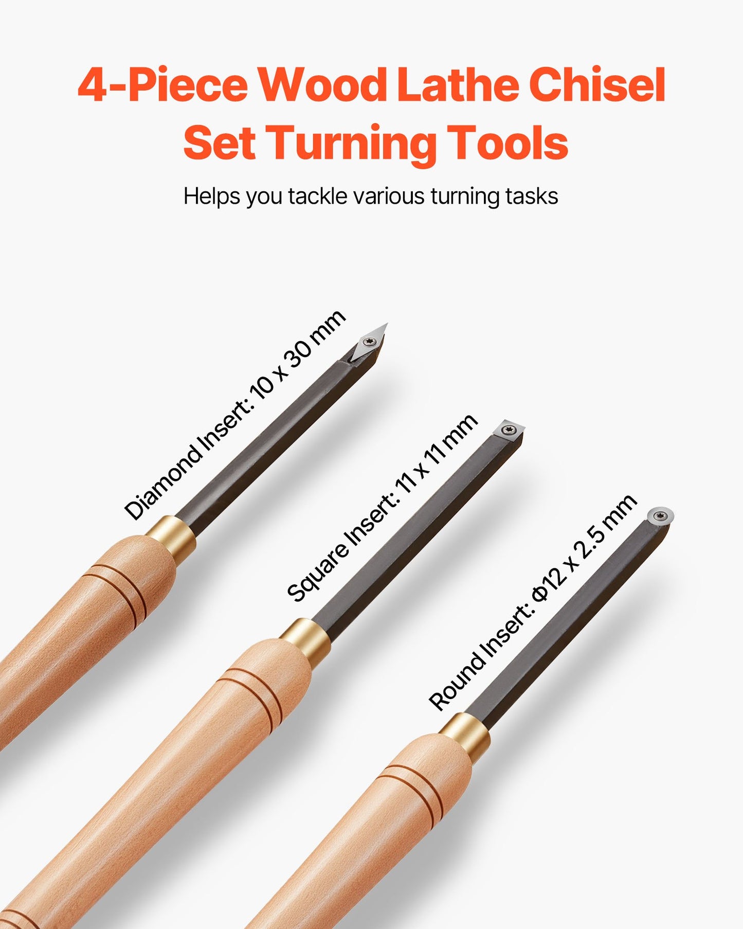 Wood Lathe Turning Tool Set, 4PCS, Lathe Roughing Finishing and Detailing Hollow Tool with Wooden Handle, Diamond Round Square Carbide Inserts, Wooden Box, for Beginners Hobbyists Professionals