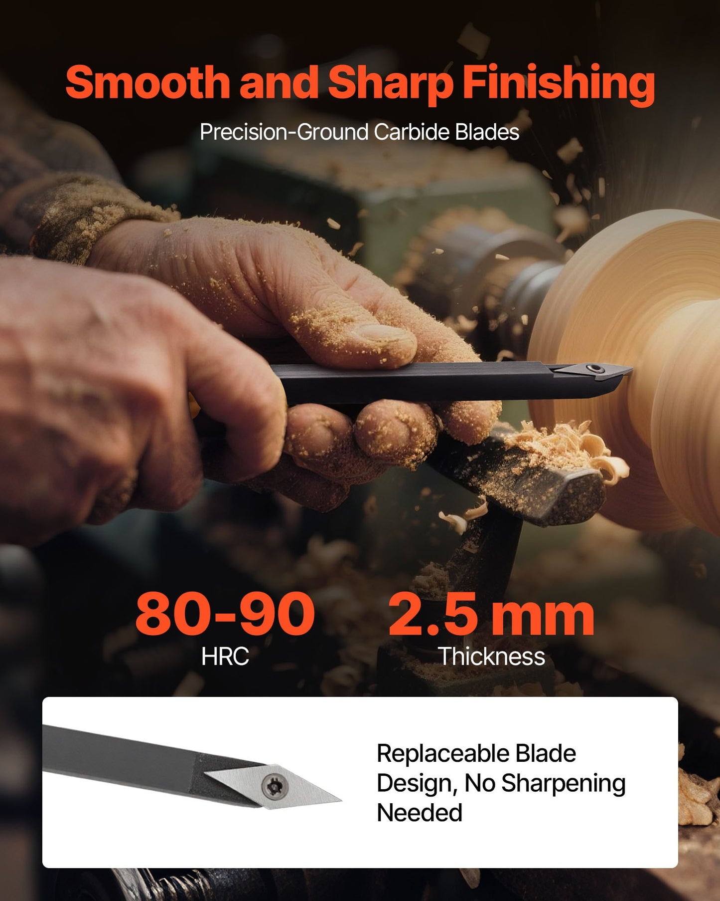 Wood Lathe Turning Tool Set, 4PCS, Lathe Roughing Finishing and Detailing Hollow Tool with Wooden Handle, Diamond Round Square Carbide Inserts, Wooden Box, for Beginners Hobbyists Professionals