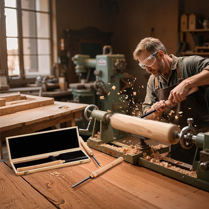 Wood Lathe Turning Tool Set, 4PCS, Lathe Roughing Finishing and Detailing Hollow Tool with Wooden Handle, Diamond Round Square Carbide Inserts, Wooden Box, for Beginners Hobbyists Professionals