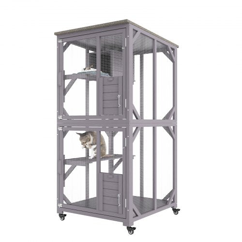 Cat House Outdoor, 3-Tier Large Catio, Cat Enclosure with 360° Rotating Casters, 2 Platforms, A Resting Box and Large Front Door, 29.9 x 34 x 64.1 inch