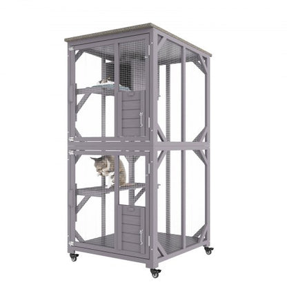 Cat House Outdoor, 3-Tier Large Catio, Cat Enclosure with 360° Rotating Casters, 2 Platforms, A Resting Box and Large Front Door, 29.9 x 34 x 64.1 inch