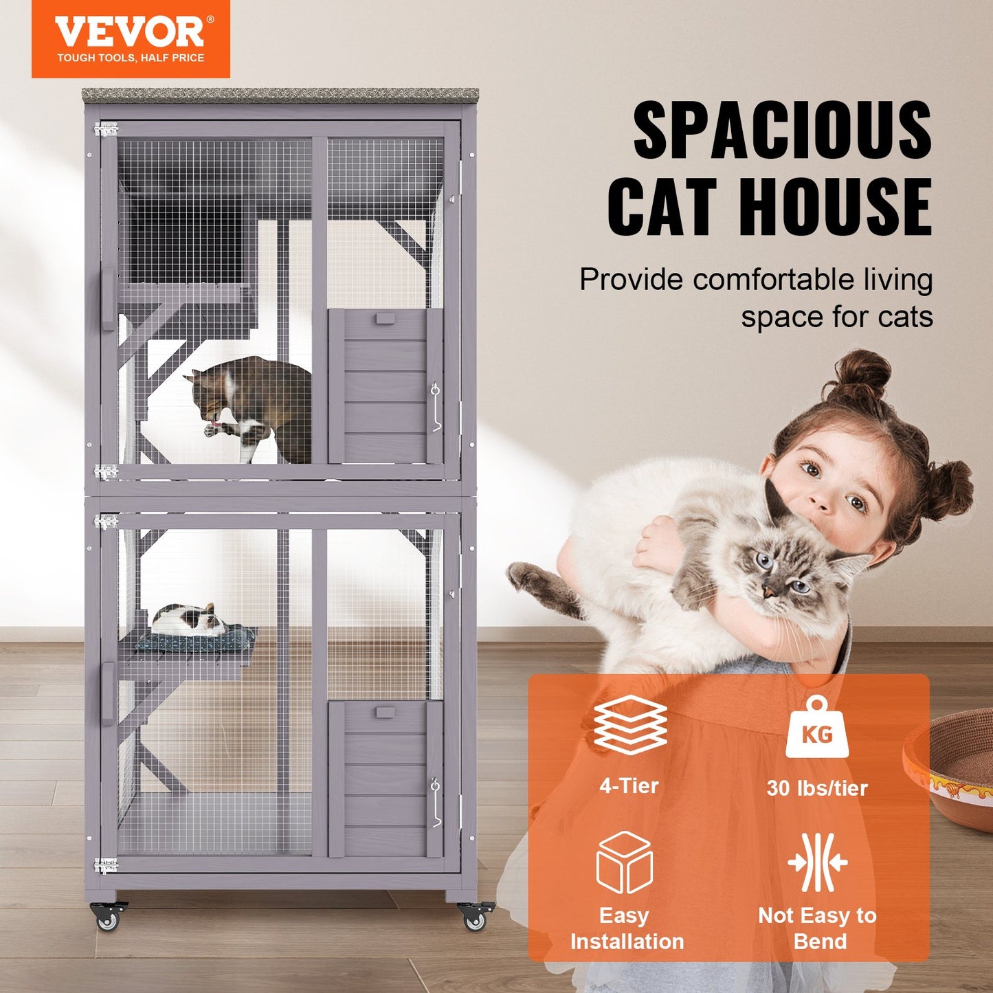 Cat House Outdoor, 3-Tier Large Catio, Cat Enclosure with 360° Rotating Wheels, 2 Platforms, a Resting Box and Large Front Door, 29.9 x 34 x 64.1 inches