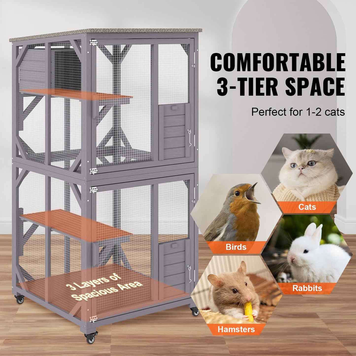 Cat House Outdoor, 3-Tier Large Catio, Cat Enclosure with 360° Rotating Wheels, 2 Platforms, a Resting Box and Large Front Door, 29.9 x 34 x 64.1 inches
