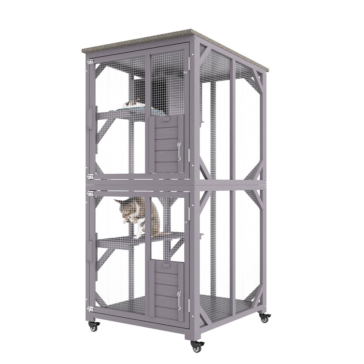 Cat House Outdoor, 3-Tier Large Catio, Cat Enclosure with 360° Rotating Wheels, 2 Platforms, a Resting Box and Large Front Door, 29.9 x 34 x 64.1 inches