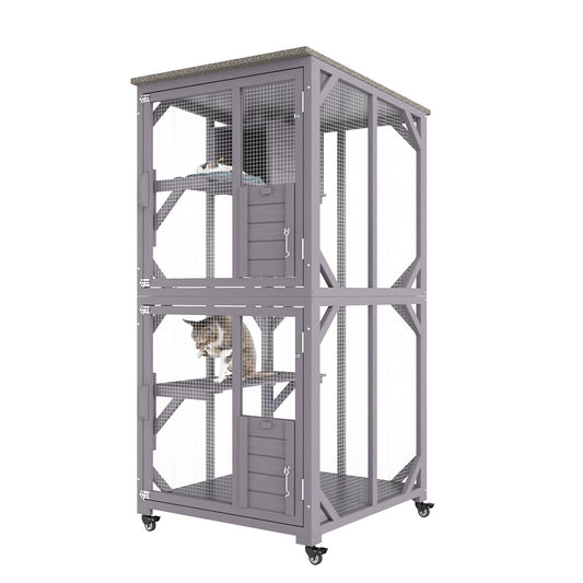 Cat House Outdoor, 3-Tier Large Catio, Cat Enclosure with 360° Rotating Wheels, 2 Platforms, a Resting Box and Large Front Door, 29.9 x 34 x 64.1 inches
