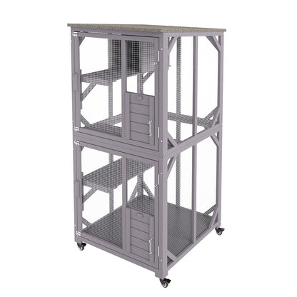 Cat House Outdoor, 3-Tier Large Catio, Cat Enclosure with 360° Rotating Wheels, 2 Platforms, a Resting Box and Large Front Door, 29.9 x 34 x 64.1 inches