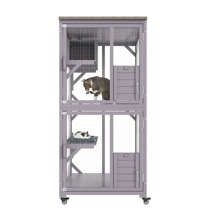 Cat House Outdoor, 3-Tier Large Catio, Cat Enclosure with 360° Rotating Wheels, 2 Platforms, a Resting Box and Large Front Door, 29.9 x 34 x 64.1 inches