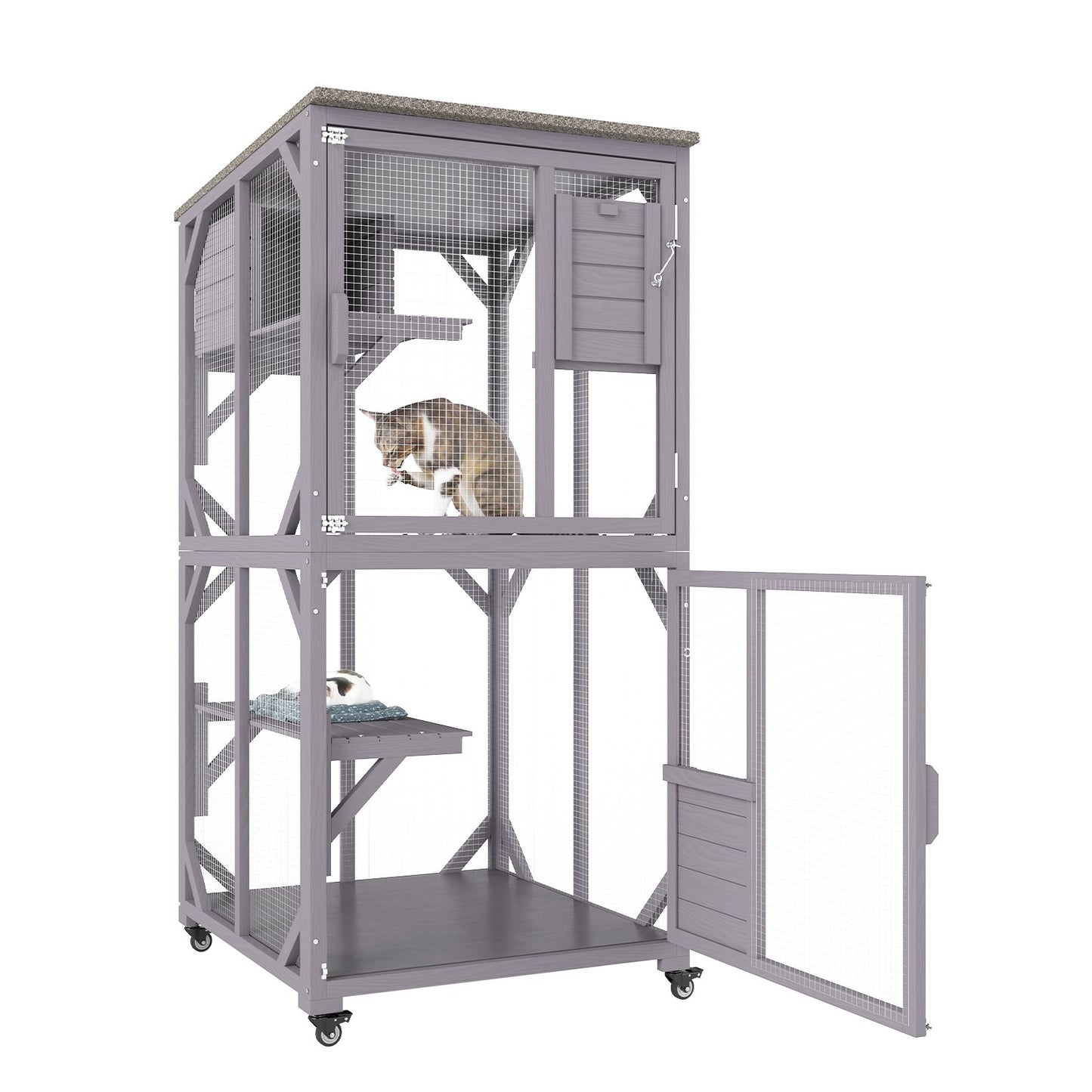 Cat House Outdoor, 3-Tier Large Catio, Cat Enclosure with 360° Rotating Wheels, 2 Platforms, a Resting Box and Large Front Door, 29.9 x 34 x 64.1 inches