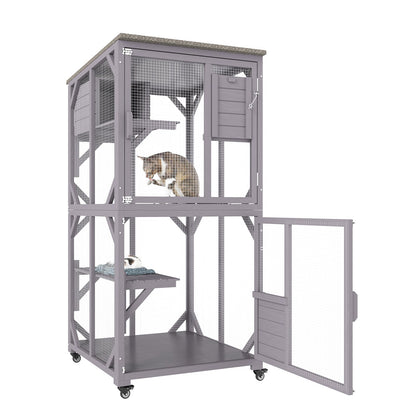 Cat House Outdoor, 3-Tier Large Catio, Cat Enclosure with 360° Rotating Wheels, 2 Platforms, a Resting Box and Large Front Door, 29.9 x 34 x 64.1 inches