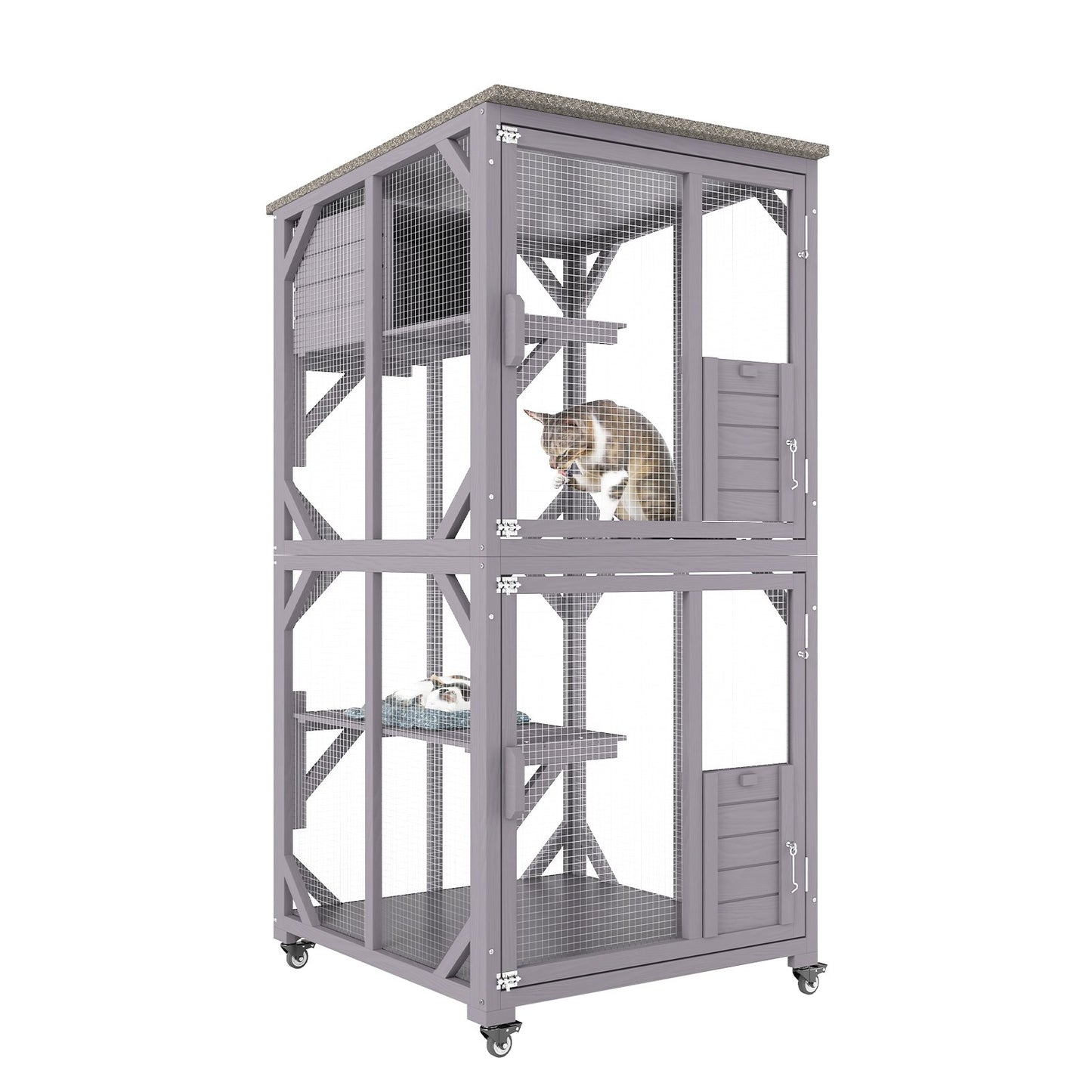 Cat House Outdoor, 3-Tier Large Catio, Cat Enclosure with 360° Rotating Wheels, 2 Platforms, a Resting Box and Large Front Door, 29.9 x 34 x 64.1 inches