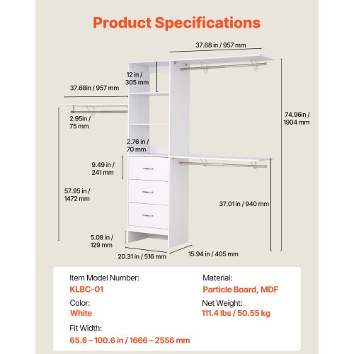 garderobssystem med 3 lådor, justerbar höjd för garderobsorganisering i trä, modern klädkammare med 3 utdragbara galgar, fristående klädställ, vit |  EU