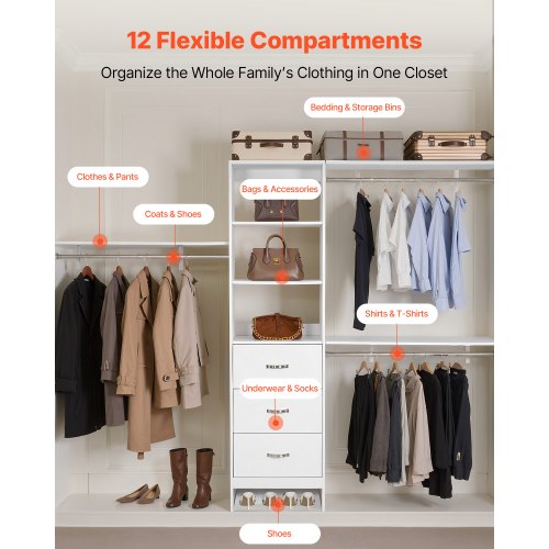 garderobssystem med 3 lådor, justerbar höjd för garderobsorganisering i trä, modern klädkammare med 3 utdragbara galgar, fristående klädställ, vit |  EU