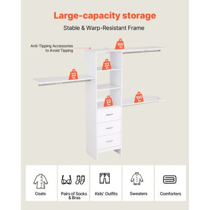 garderobssystem med 3 lådor, justerbar höjd för garderobsorganisering i trä, modern klädkammare med 3 utdragbara galgar, fristående klädställ, vit |  EU