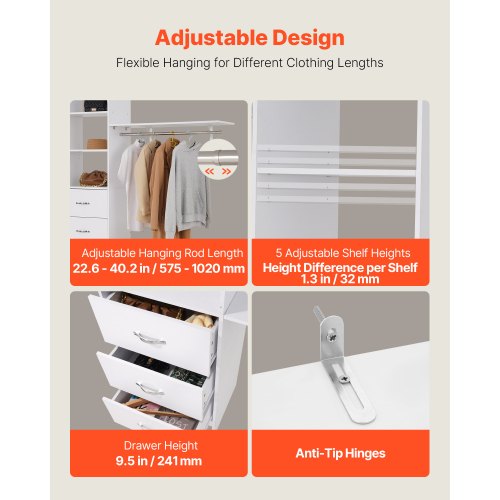 garderobssystem med 3 lådor, justerbar höjd för garderobsorganisering i trä, modern klädkammare med 3 utdragbara galgar, fristående klädställ, vit |  EU