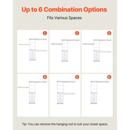 garderobssystem med 3 lådor, justerbar höjd för garderobsorganisering i trä, modern klädkammare med 3 utdragbara galgar, fristående klädställ, vit |  EU