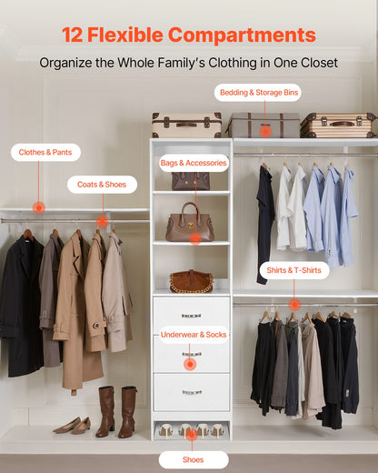 Closet System with 3 Drawers, Adjustable Height Wooden Closet Organizers, Modern Walk-in Wardrobe Organization with 3 Retractable Clothes Hanger Rods, Freestanding Garment Rack Storage, White