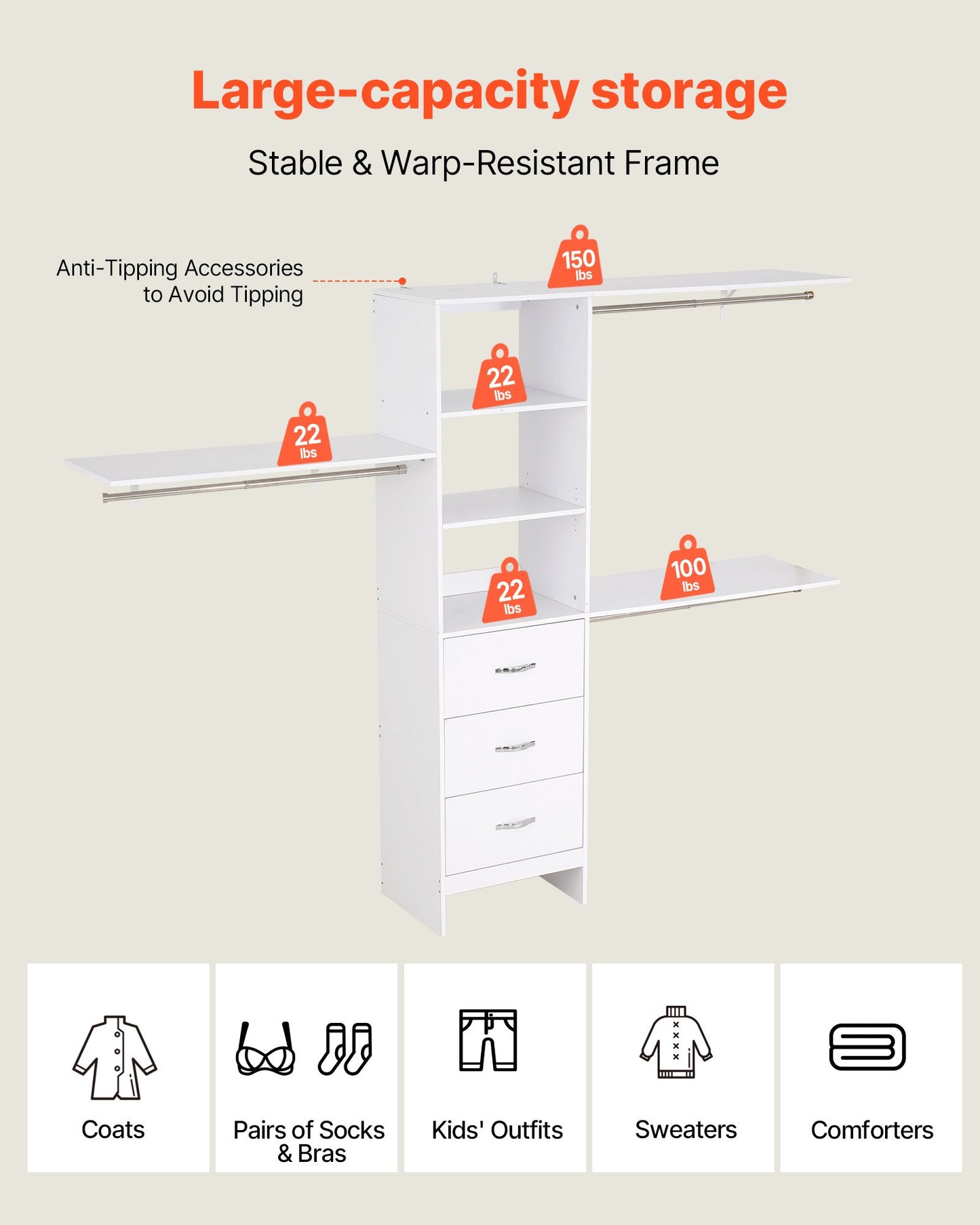 Closet System with 3 Drawers, Adjustable Height Wooden Closet Organizers, Modern Walk-in Wardrobe Organization with 3 Retractable Clothes Hanger Rods, Freestanding Garment Rack Storage, White