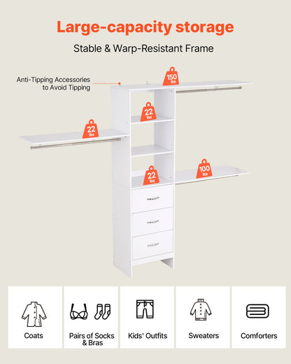 Closet System with 3 Drawers, Adjustable Height Wooden Closet Organizers, Modern Walk-in Wardrobe Organization with 3 Retractable Clothes Hanger Rods, Freestanding Garment Rack Storage, White