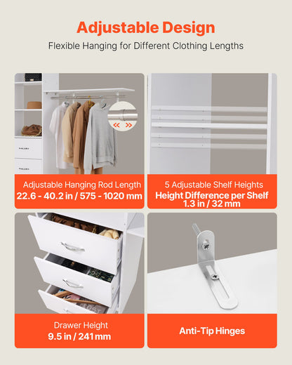 Closet System with 3 Drawers, Adjustable Height Wooden Closet Organizers, Modern Walk-in Wardrobe Organization with 3 Retractable Clothes Hanger Rods, Freestanding Garment Rack Storage, White
