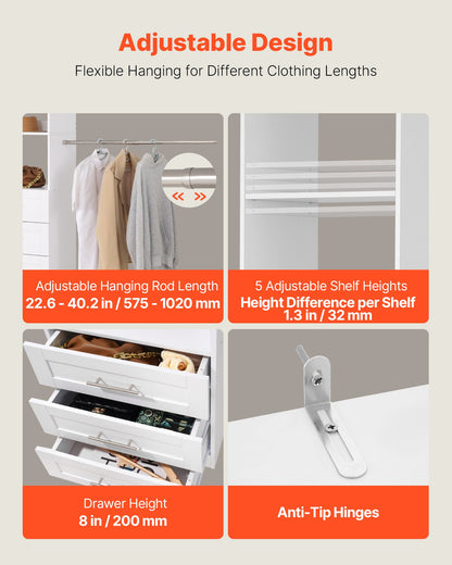 Closet System with 3 Drawers, Adjustable Height Wooden Closet Organizers, Modern Walk-in Wardrobe Organization with 4 Retractable Clothes Hanger Rods, Freestanding Garment Rack Storage, White