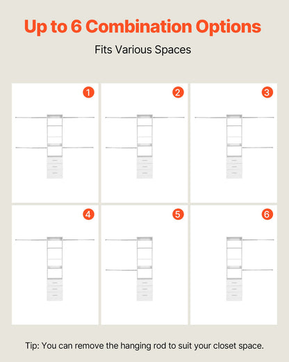 Closet System with 3 Drawers, Adjustable Height Wooden Closet Organizers, Modern Walk-in Wardrobe Organization with 4 Retractable Clothes Hanger Rods, Freestanding Garment Rack Storage, White