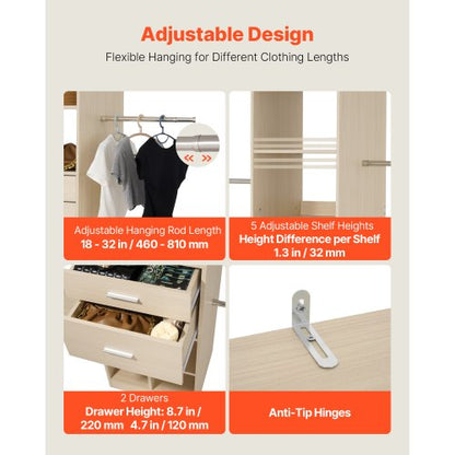 garderobssystem med 2 lådor, justerbar höjd i trä, modern klädkammare med 5 utdragbara galgar, fristående klädställ, grå |  EU