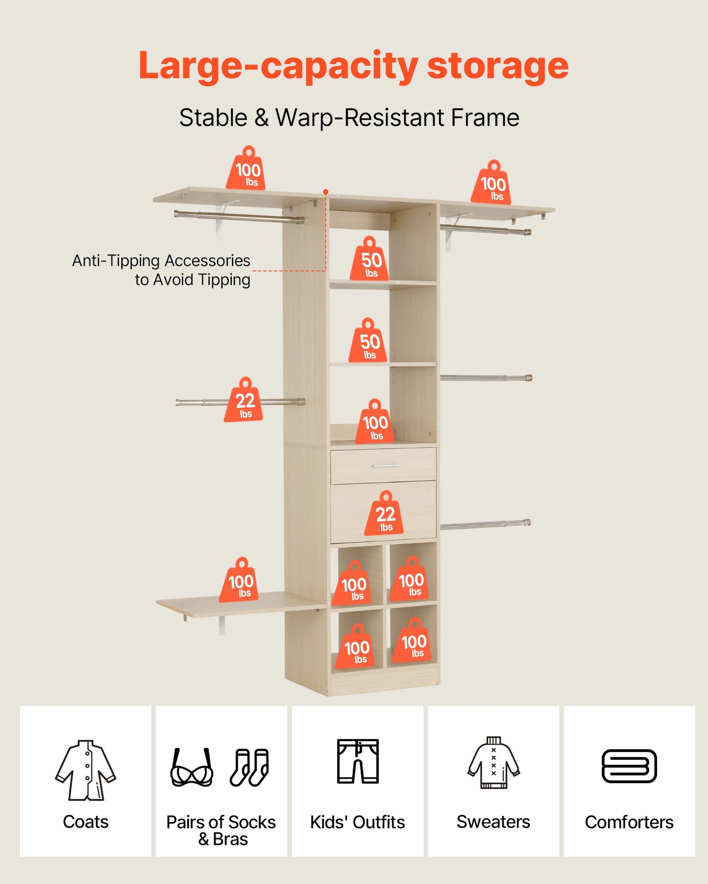 Closet System with 2 Drawers, Adjustable Height Wooden Closet Organizers, Modern Walk-in Wardrobe Organization with 5 Retractable Clothes Hanger Rods, Freestanding Garment Rack Storage, Grey