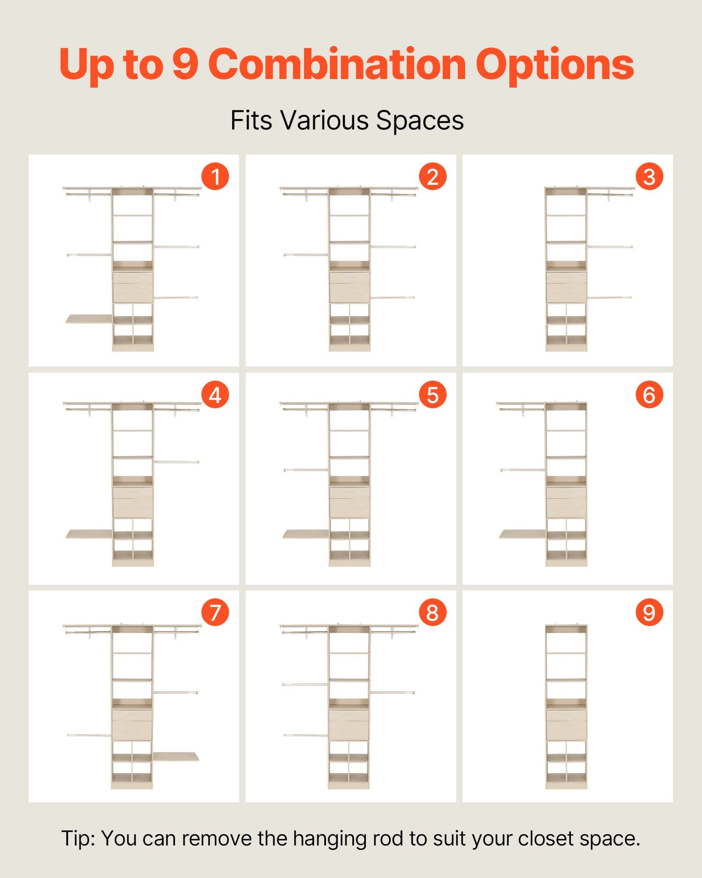 Closet System with 2 Drawers, Adjustable Height Wooden Closet Organizers, Modern Walk-in Wardrobe Organization with 5 Retractable Clothes Hanger Rods, Freestanding Garment Rack Storage, Grey
