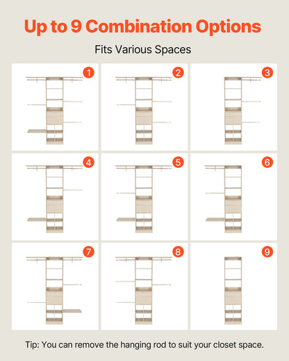 Closet System with 2 Drawers, Adjustable Height Wooden Closet Organizers, Modern Walk-in Wardrobe Organization with 5 Retractable Clothes Hanger Rods, Freestanding Garment Rack Storage, Grey