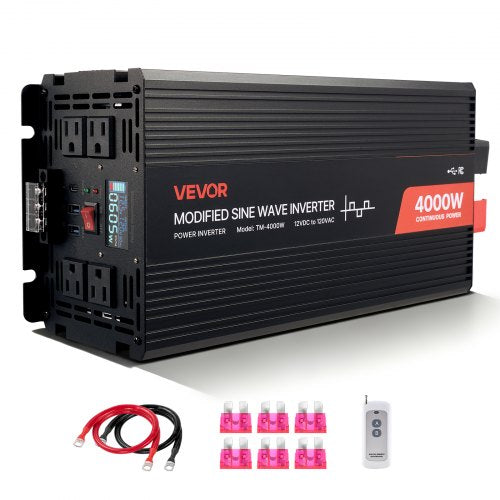 4000W Power Inverter, 12V DC to 120V AC Modified Sine Wave Inverter, Solar Car Charger Converter with LCD Display, Remote Control, 2 USB Ports, 4 AC Outlets, Type-C Port, for RV, Truck Outdoor