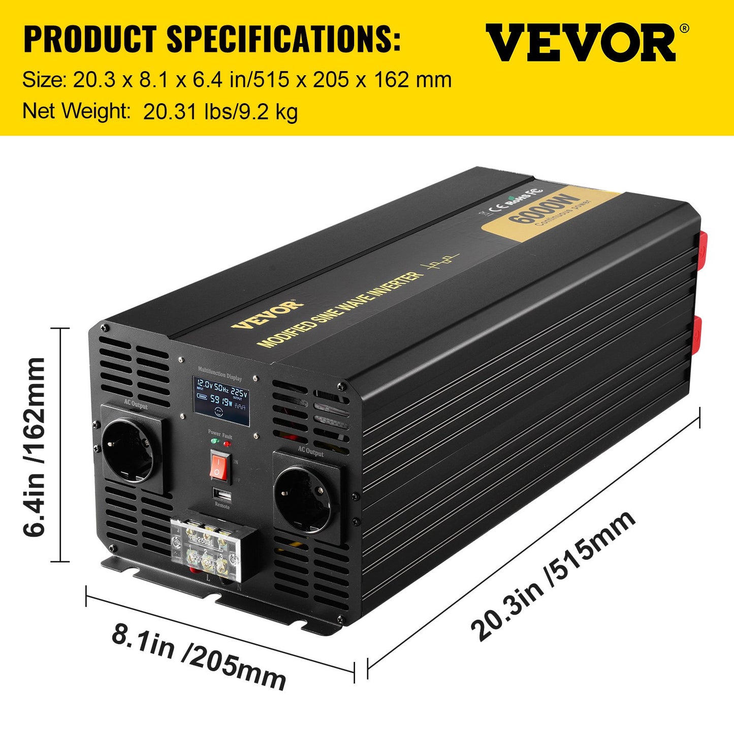 Power Inverter Modifierad Sine Wave Inverter 6000W DC 12V till AC 230V LCD