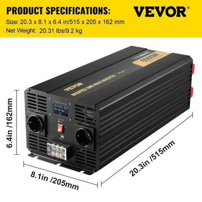 Power Inverter Modifierad Sine Wave Inverter 6000W DC 12V till AC 230V LCD